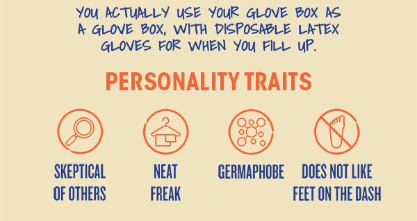 Personality Traits: skeptical of others, neat freak, germaphobe, does not like feet on the dash